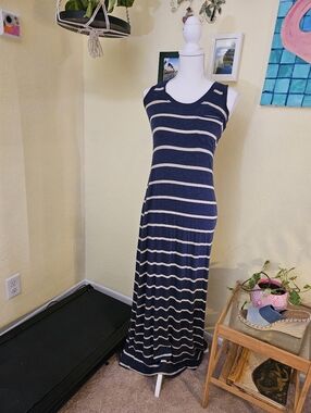 Max And Mia Sleeveless Navy and Cream Striped Maxi Dress